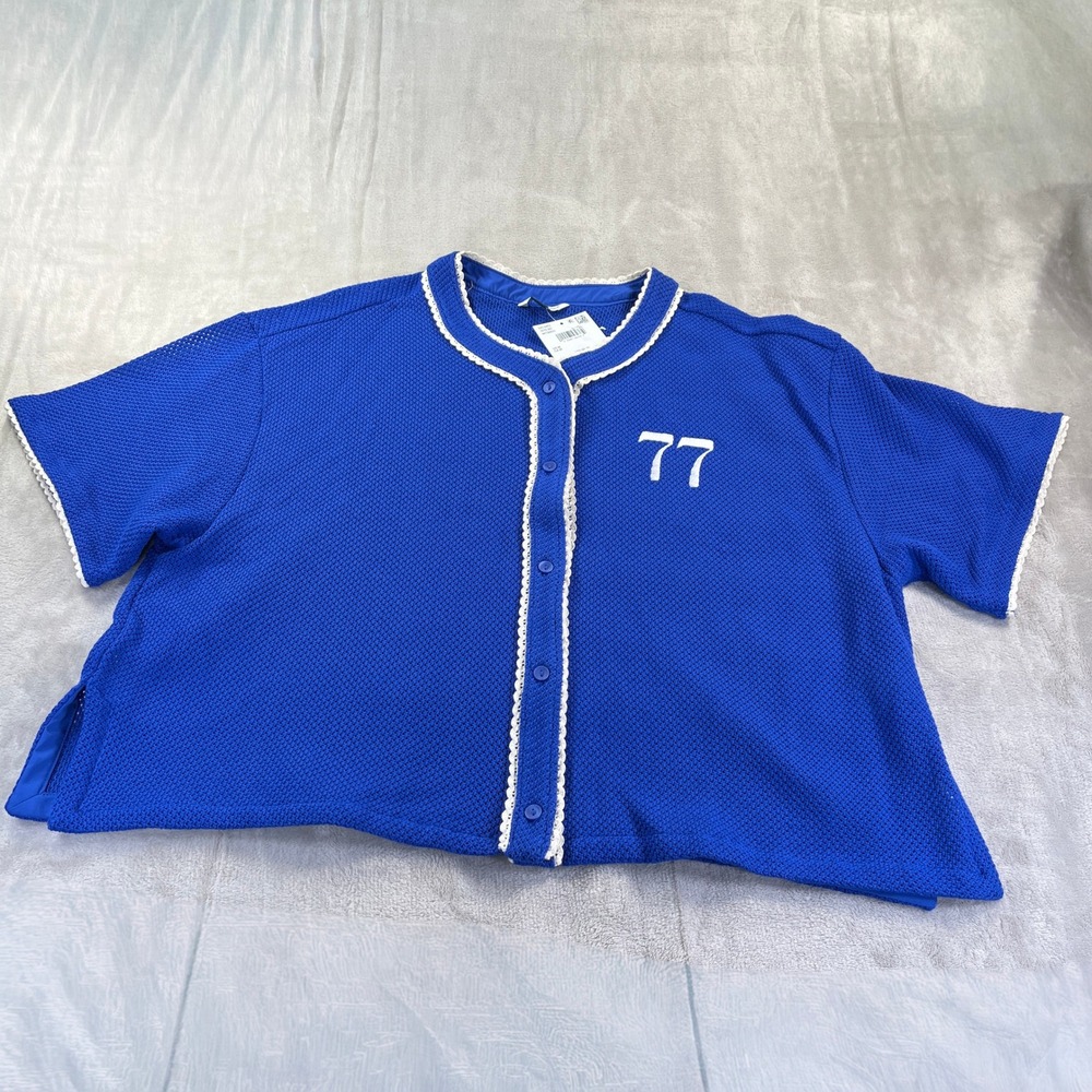 American Eagle Baseball Top M Blue NEW Crochet Lace Trim Jersey 77 Sporty - Picture 3 of 11